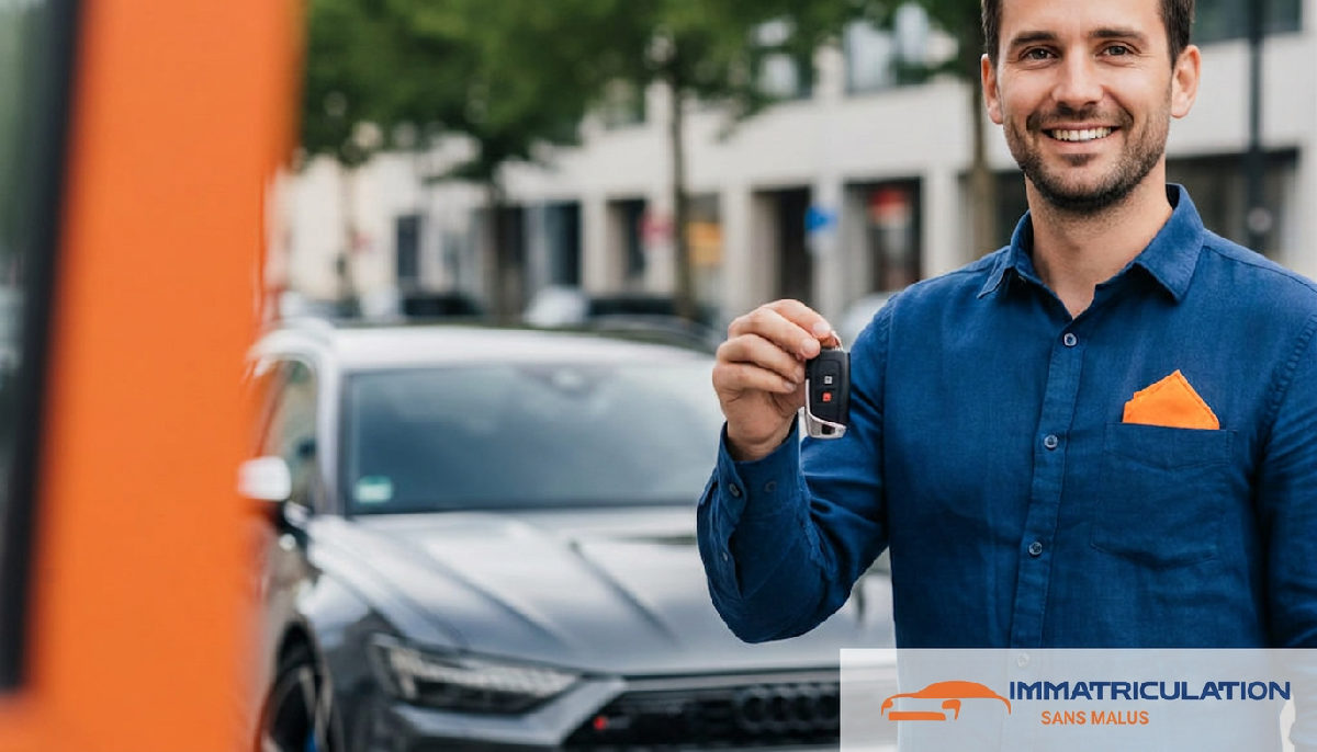 Client heureux avec sa voiture de sport immatriculée en Roumanie.