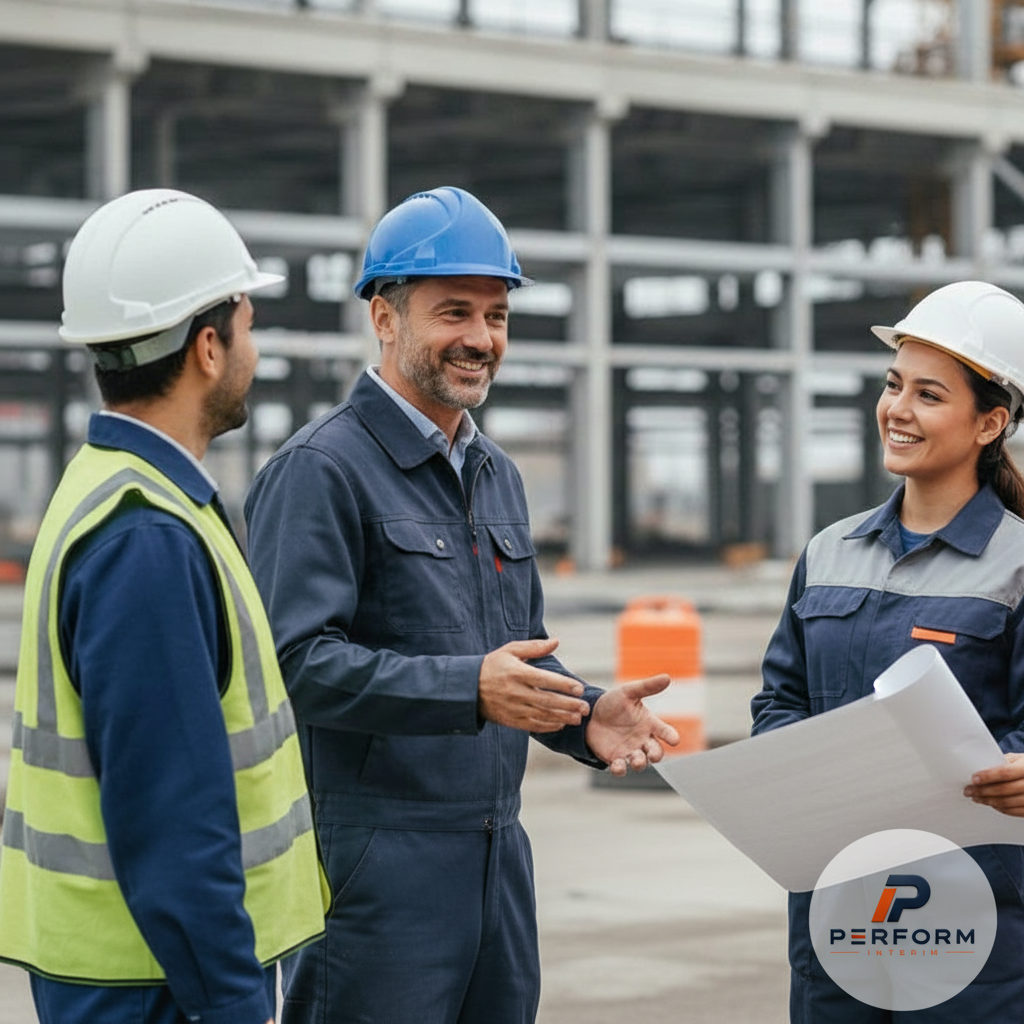 fidéliser intérimaires roumains - Un chef d'équipe discute avec des travailleurs roumains sur un site industriel.