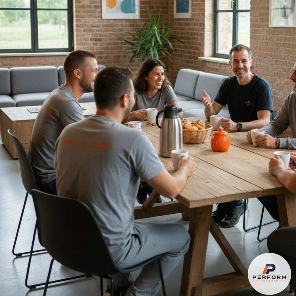 Ouvriers et intérimaires roumains partagent un café dans un espace de repos.