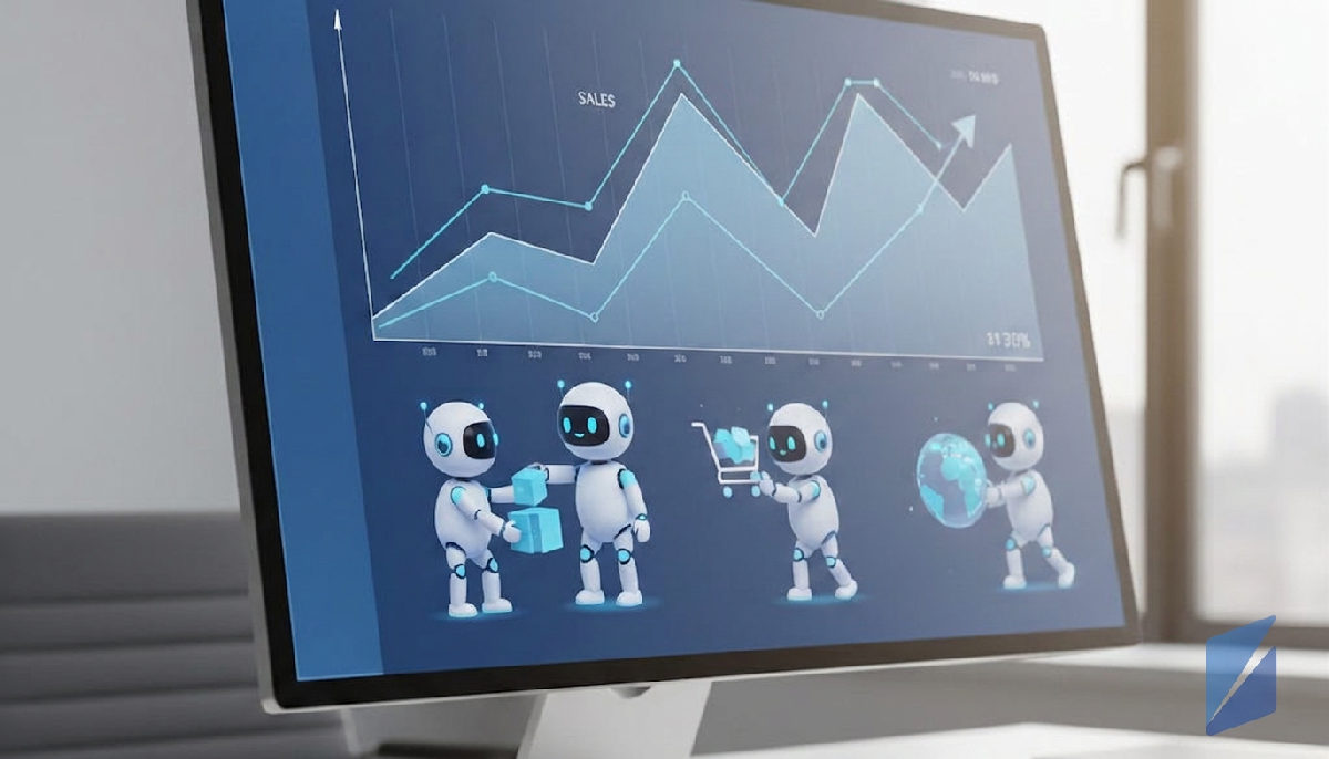 Shopify tehisintellekti strateegia: müügidiagrammid ja robotid, mis aitavad e-kaubandust.