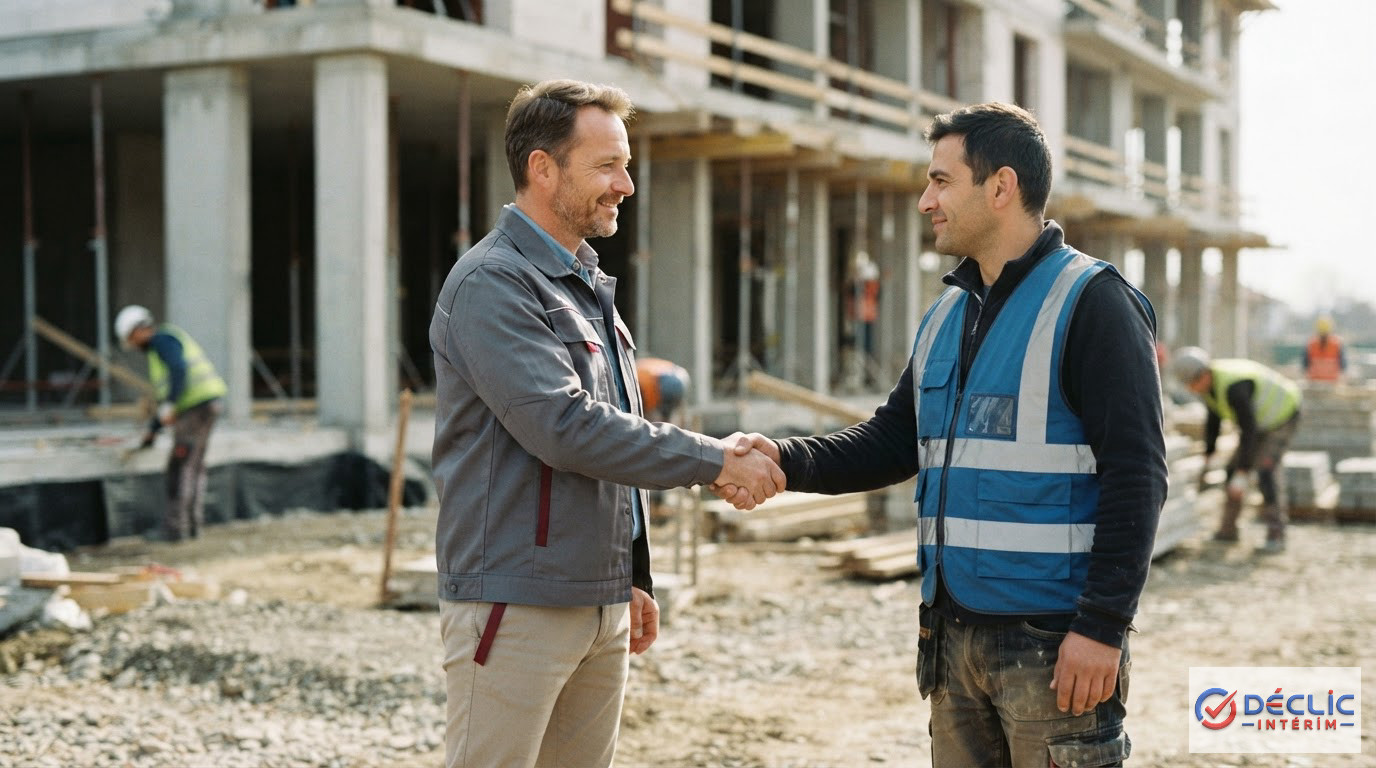 Poignée de main entre un chef de chantier et un ouvrier roumain.