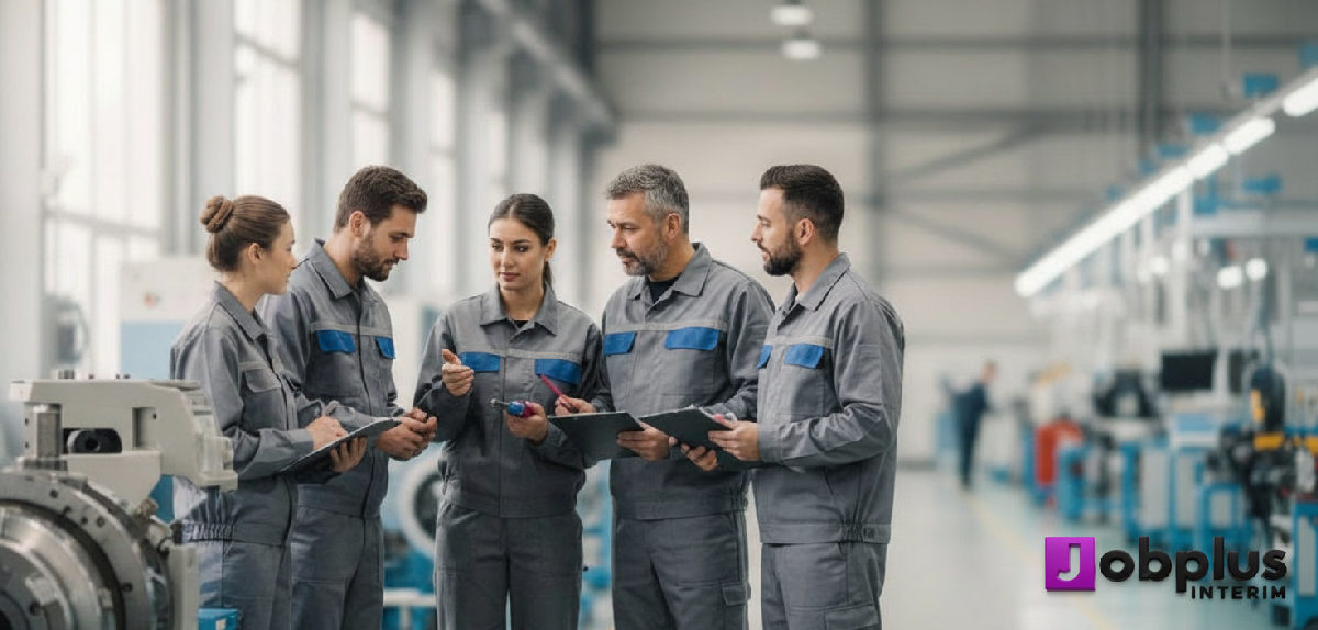 Équipe multiculturelle travaillant en harmonie dans une usine moderne.