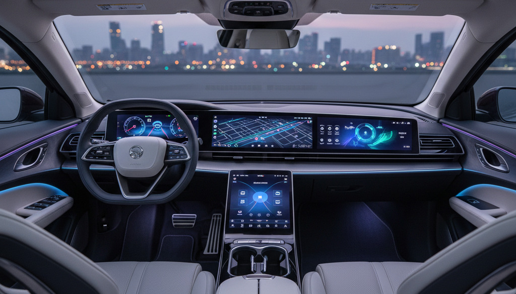 Interior auto high-tech cu ecrane digitale și lumini ambientale.