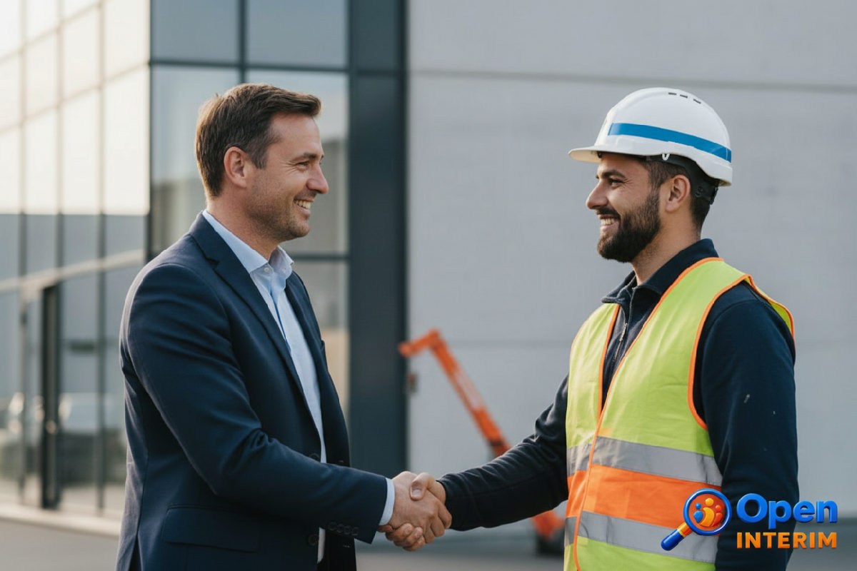 Un manager français et un ouvrier roumain se serrent la main, symbolisant le succès.