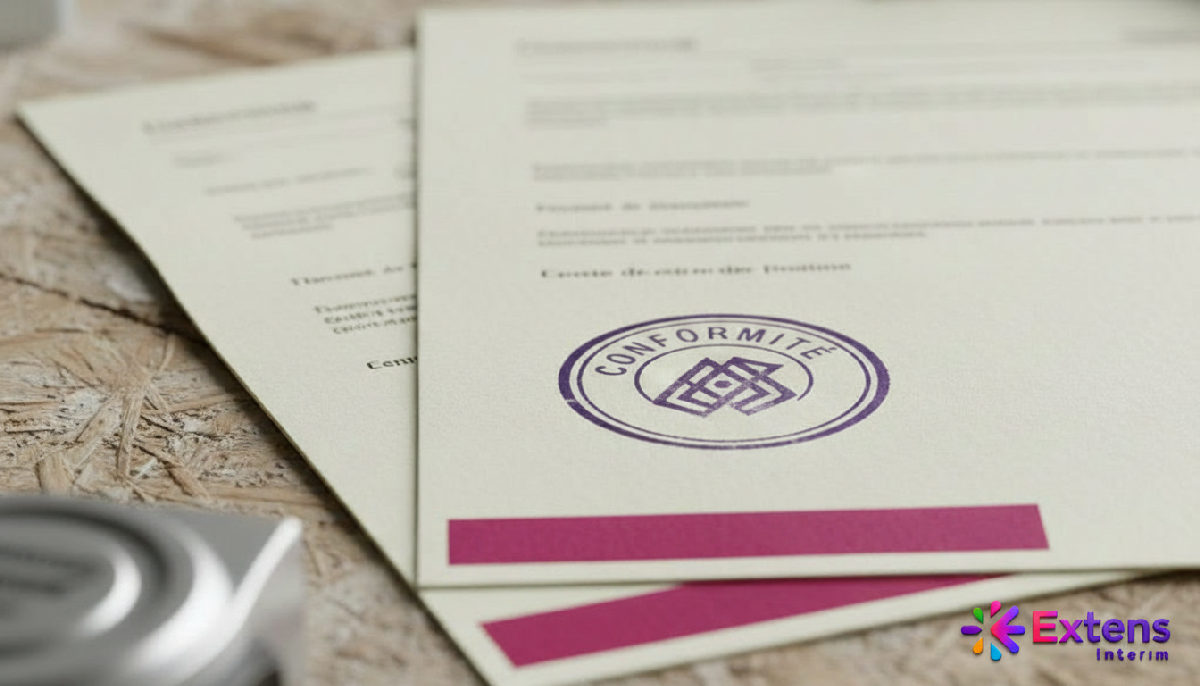 Gros plan sur des documents de conformité avec un tampon 'Conformité'.