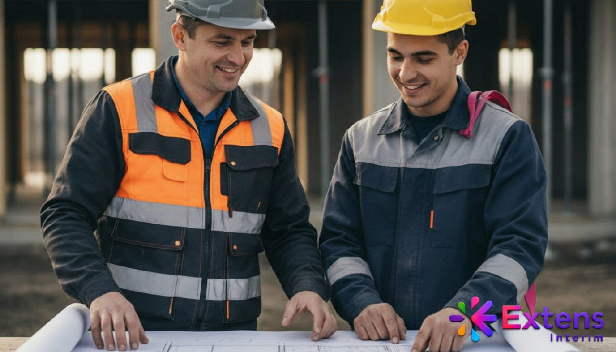 Chef de chantier échangeant avec un ouvrier roumain sur un plan.