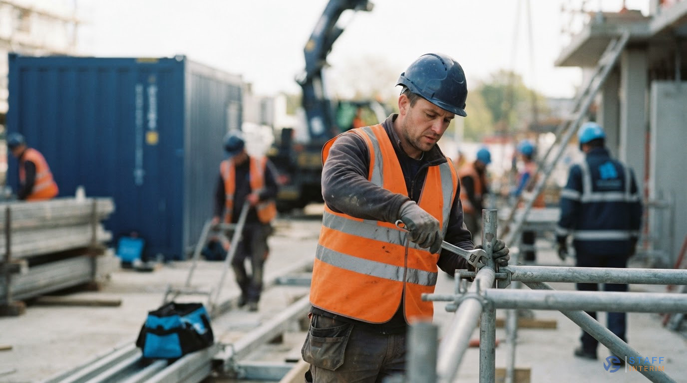 Ouvriers en équipement de sécurité sur un chantier industriel en pleine activité.
