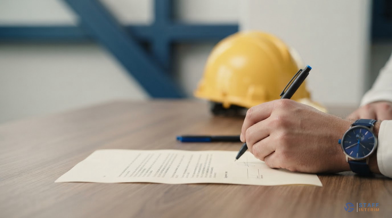 Main signant un contrat administratif avec un casque de chantier en arrière-plan.