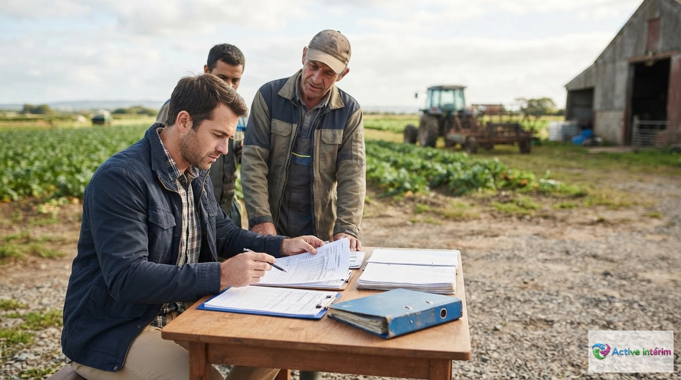 Un inspecteur du travail contrôlant les documents légaux d'ouvriers agricoles.