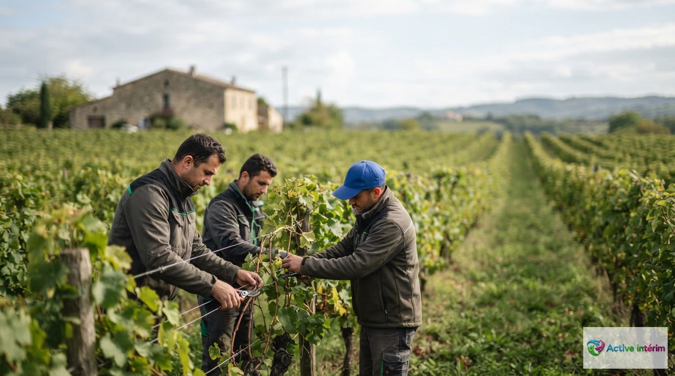 Travailleurs dans un vignoble représentant le recrutement agricole légal.