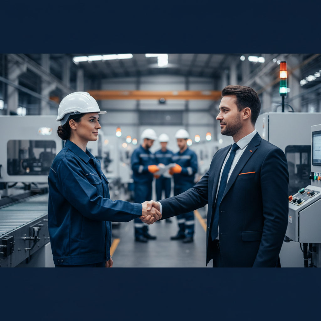 Business handshake between a factory manager and a consultant, symbolizing trust and successful integration opérateurs roumains industrie.