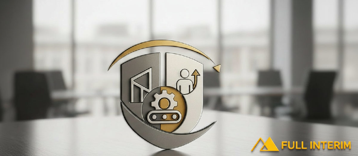 Logo Full Interim avec des icônes sectorielles BTP et industrie.