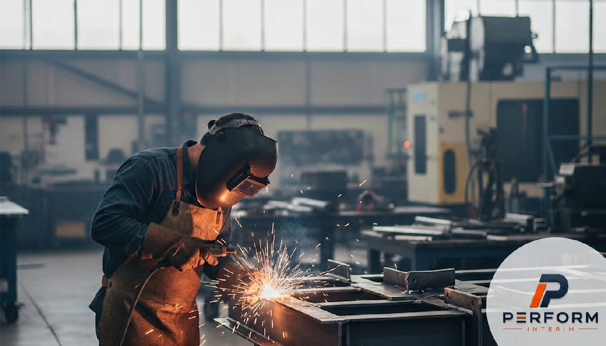 recrutement soudeurs roumains industrie – Soudeur professionnel travaillant sur une structure métallique avec des étincelles