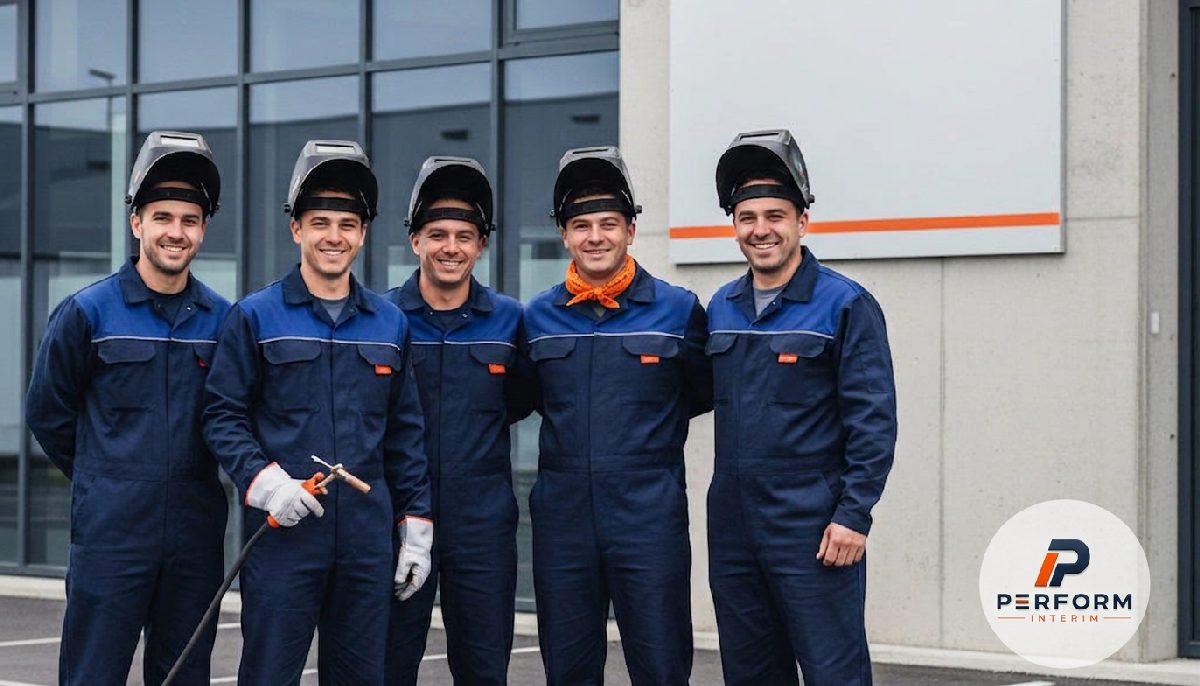 Groupe de soudeurs roumains souriants, bien intégrés dans une équipe française.