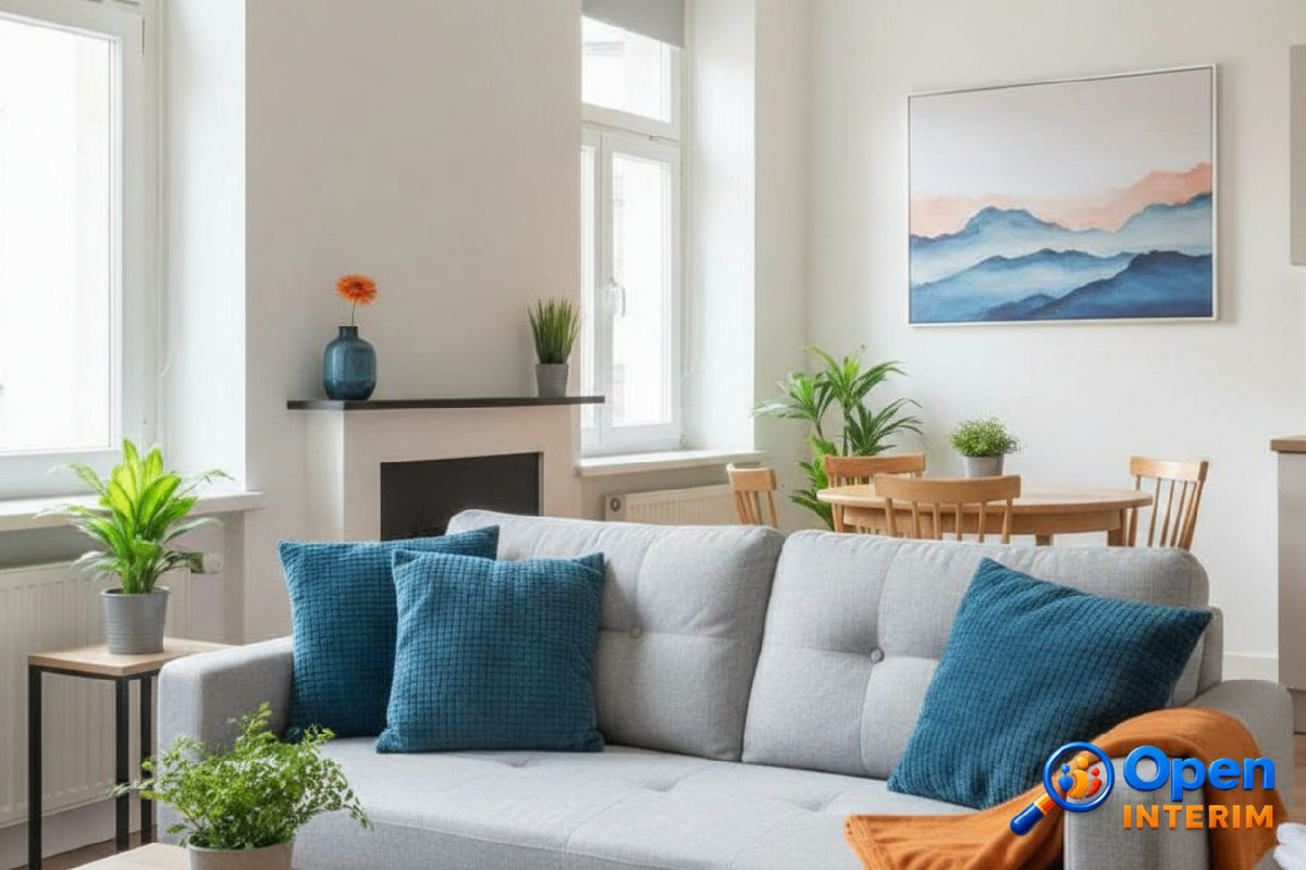 Salon d'un appartement pour travailleurs, propre et accueillant.