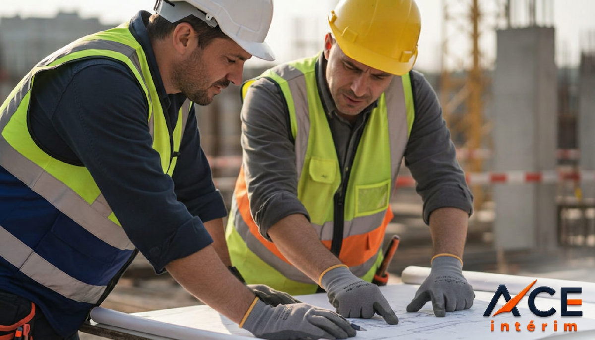vérifier compétences détachés - Ingénieur et ouvrier qualifié vérifiant les plans sur un chantier.