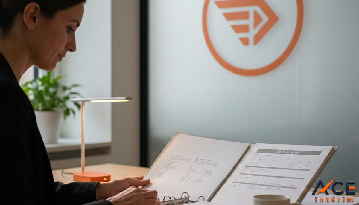 Recruteur examinant un dossier de certification avec un logo discret.