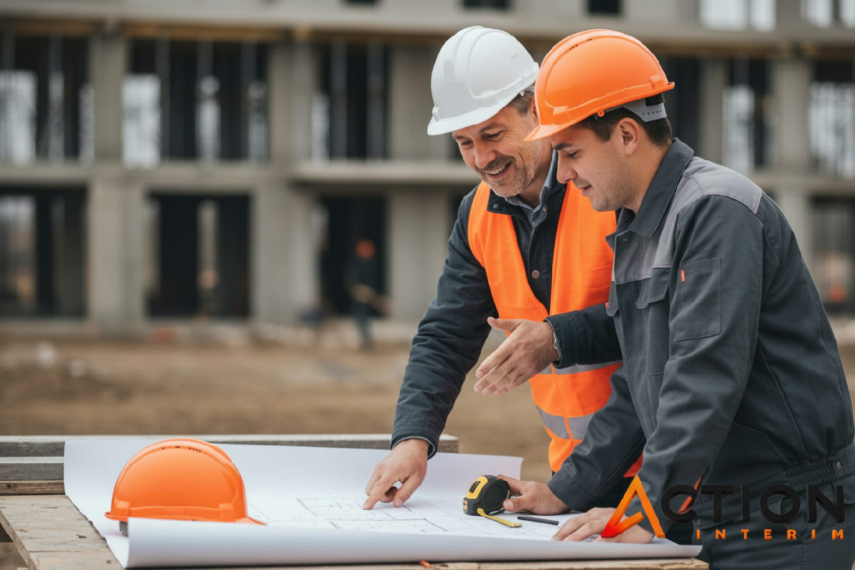 Chef de chantier et ouvrier roumain discutant d'un plan, collaboration et communication.