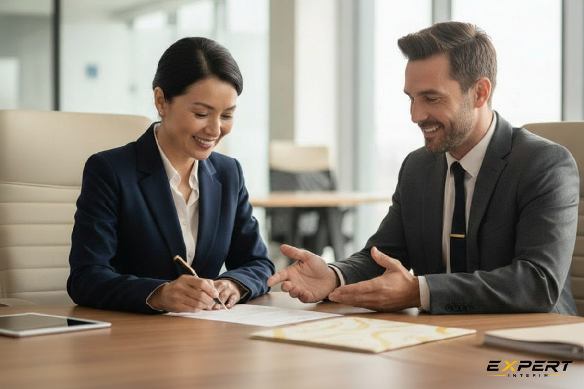 Responsable RH signant un partenariat pour la gestion d'équipes internationales.