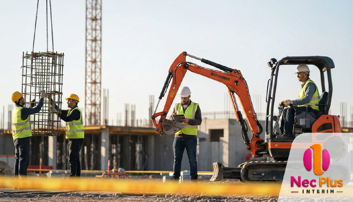 Chantier BTP moderne avec ouvriers qualifiés au travail.
