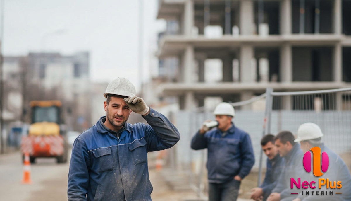 Groupe d'ouvriers roumains sur un site de travail.