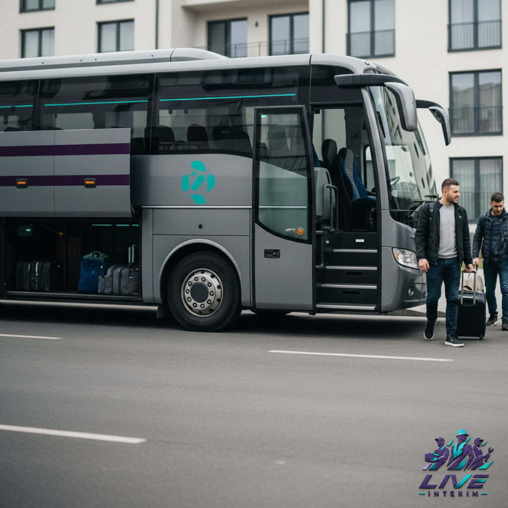 Minibus transportant des travailleurs roumains depuis un aéroport.