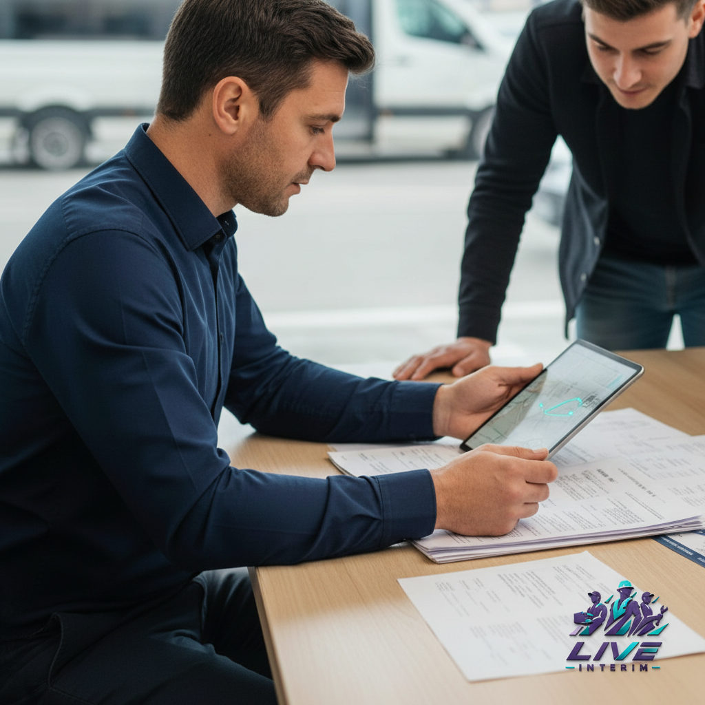 Gestionnaire vérifiant les documents de transport pour des employés.