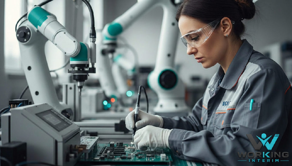 Technicien roumain travaillant avec précision sur une chaîne d'assemblage industrielle.