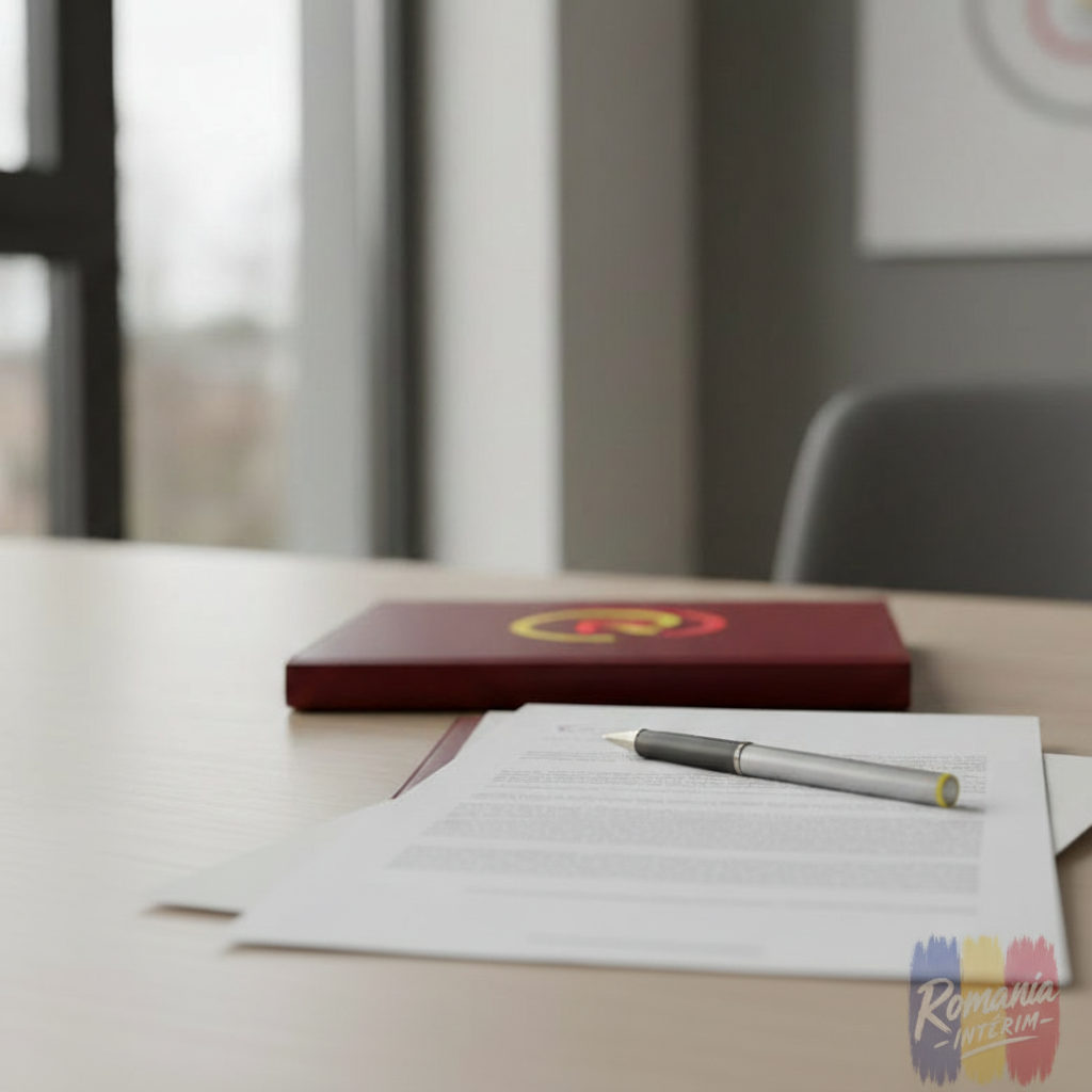 Bureau de recrutement avec logo et documents de conformité européens.