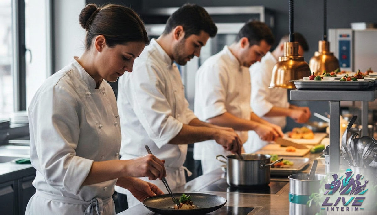 optimisation coûts HCR Fête Nationale roumains - Équipe de cuisine professionnelle en pleine collaboration lors d'un service intense.