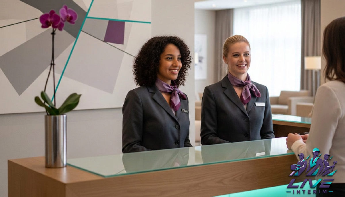 Personnel roumain et français collaborant à la réception d'un hôtel moderne.