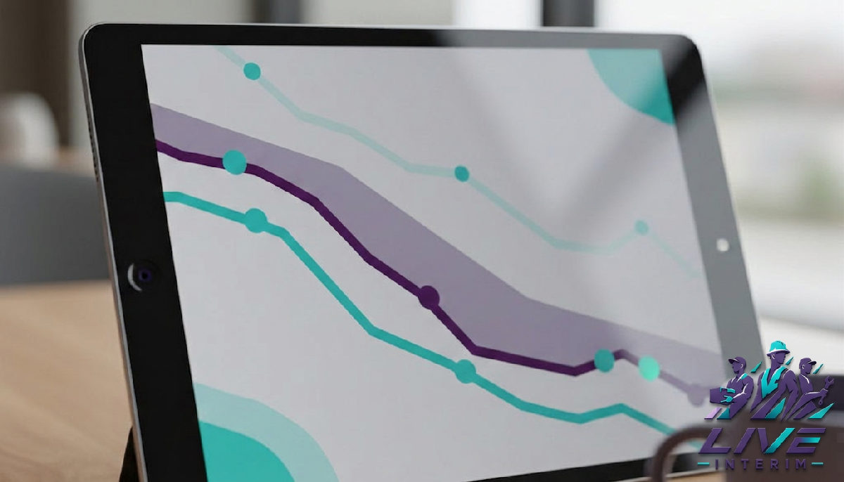 Tablette affichant des graphiques de coûts décroissants, optimisant les dépenses RH.