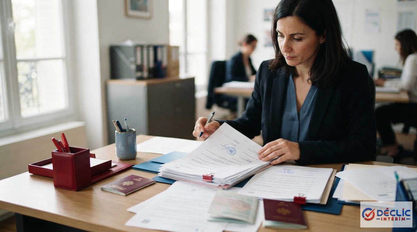 Documents administratifs, contrats et passeports européens sur un bureau de ressources humaines.