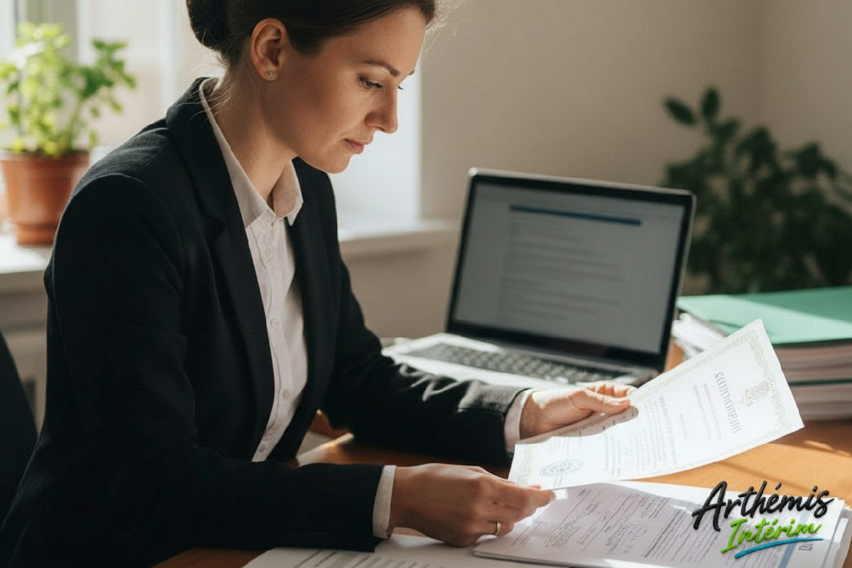 comment vérifier diplômes roumains pour recrutement - Recruteur vérifiant un diplôme roumain avec documents et ordinateur.