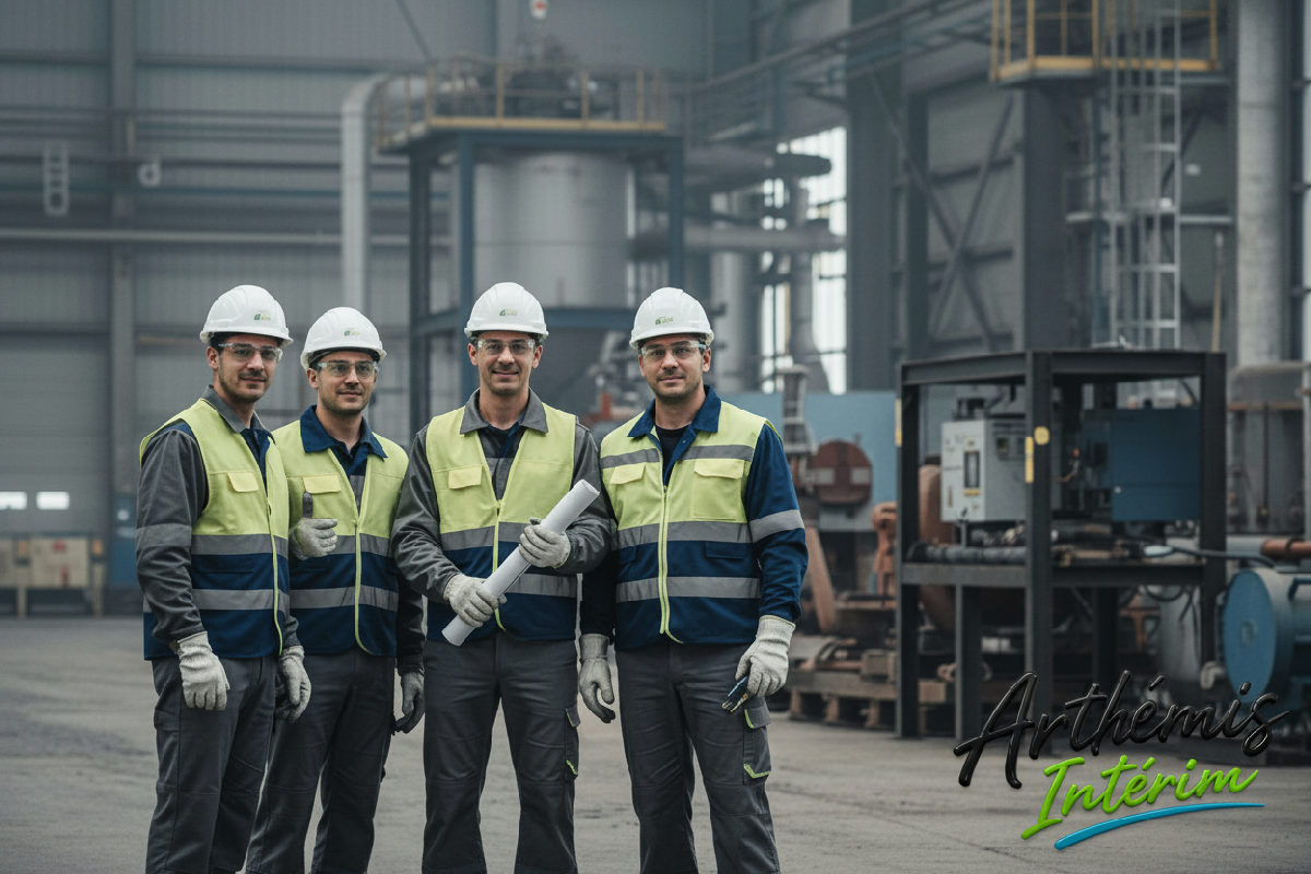 Travailleurs roumains en tenue de sécurité sur site industriel.