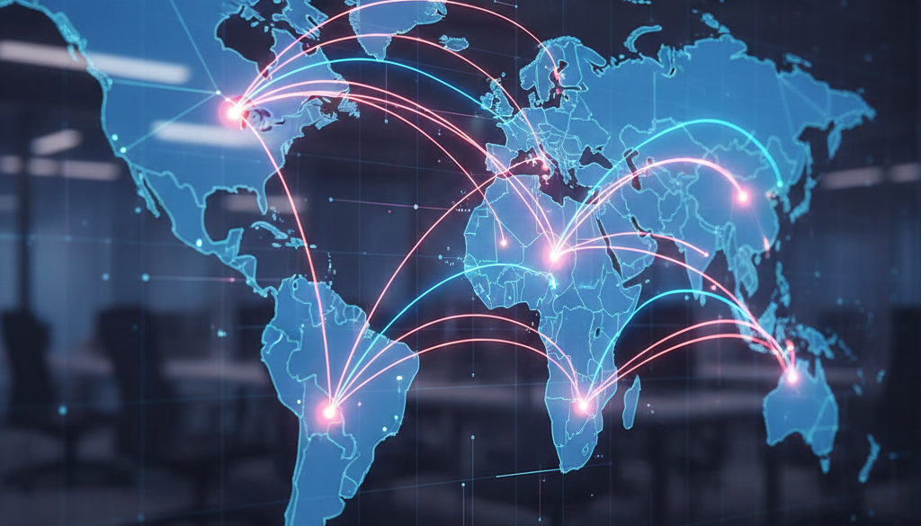 Carte du monde numérique montrant des connexions entre les pôles de talents technologiques mondiaux.