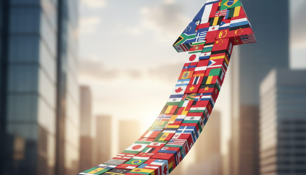 Flèche ascendante composée de drapeaux nationaux, symbolisant la croissance par la flexibilité internationale.