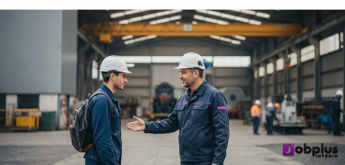 Accueil d'un travailleur intérimaire sur un site industriel français.
