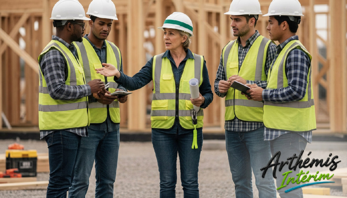 Réunion de chantier ou d'atelier où un chef d'équipe explique les consignes à des travailleurs intérimaires, illustrant l'intégration et la formation.