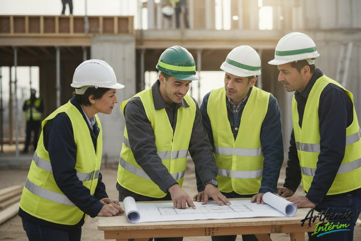 Une équipe diverse échange autour de plans sur un chantier.