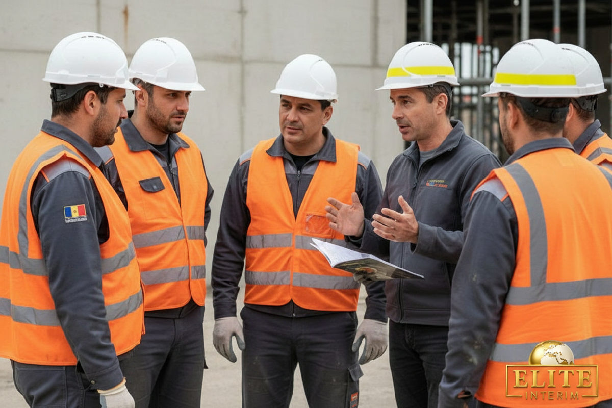 Briefing sécurité sur chantier : ouvriers français et roumains communiquent.