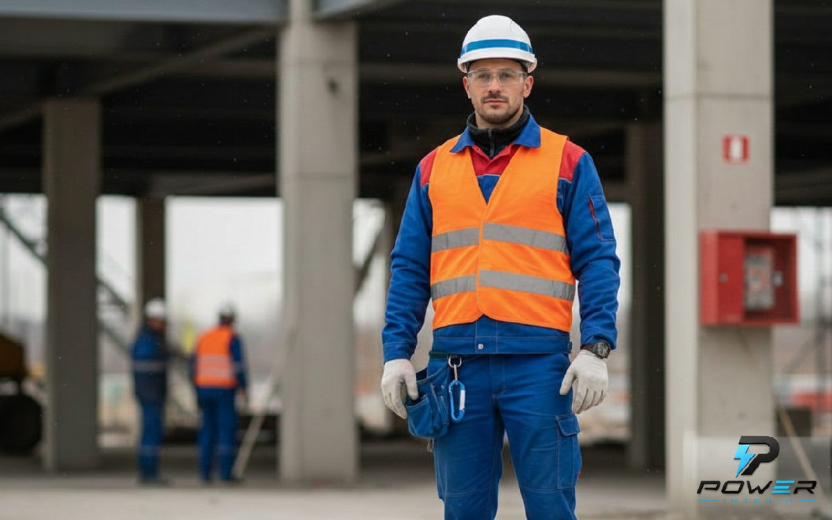 Un ouvrier roumain porte ses EPI sur un chantier moderne.