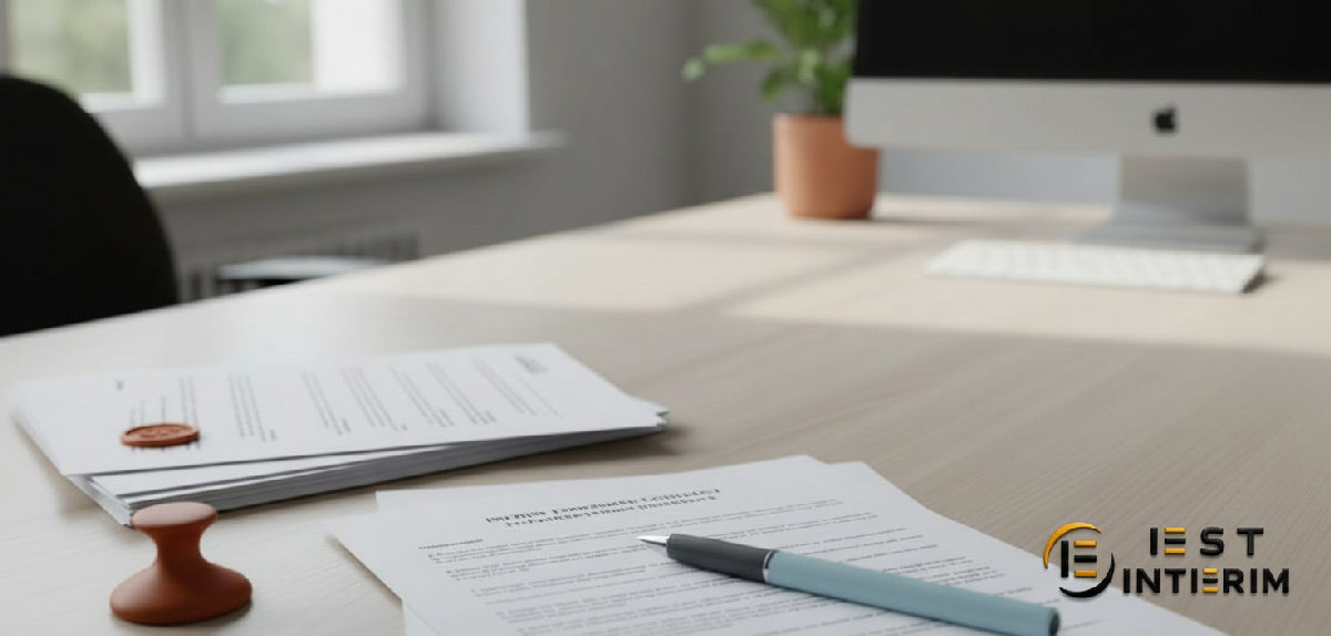 Gros plan sur contrat intérimaire et documents officiels pour maçon européen.