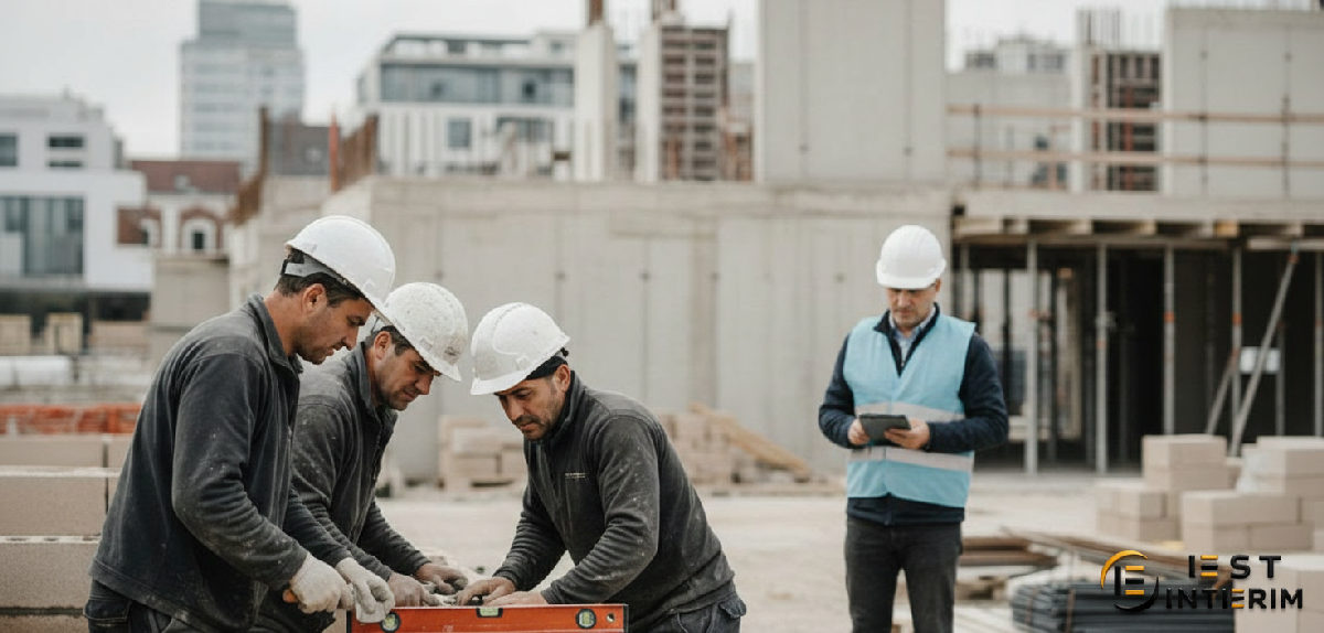 Maçons roumains travaillant en équipe sur un chantier en France.