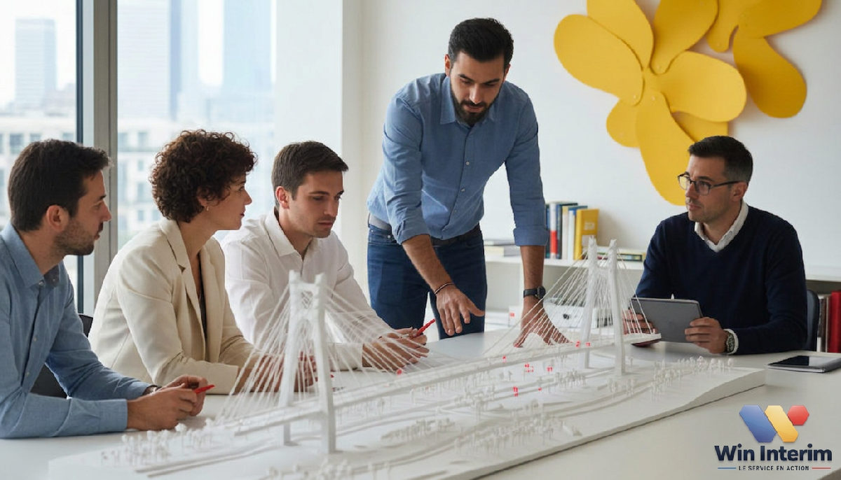 Ingénieur roumain travaillant sur maquette 3D avec équipe française.