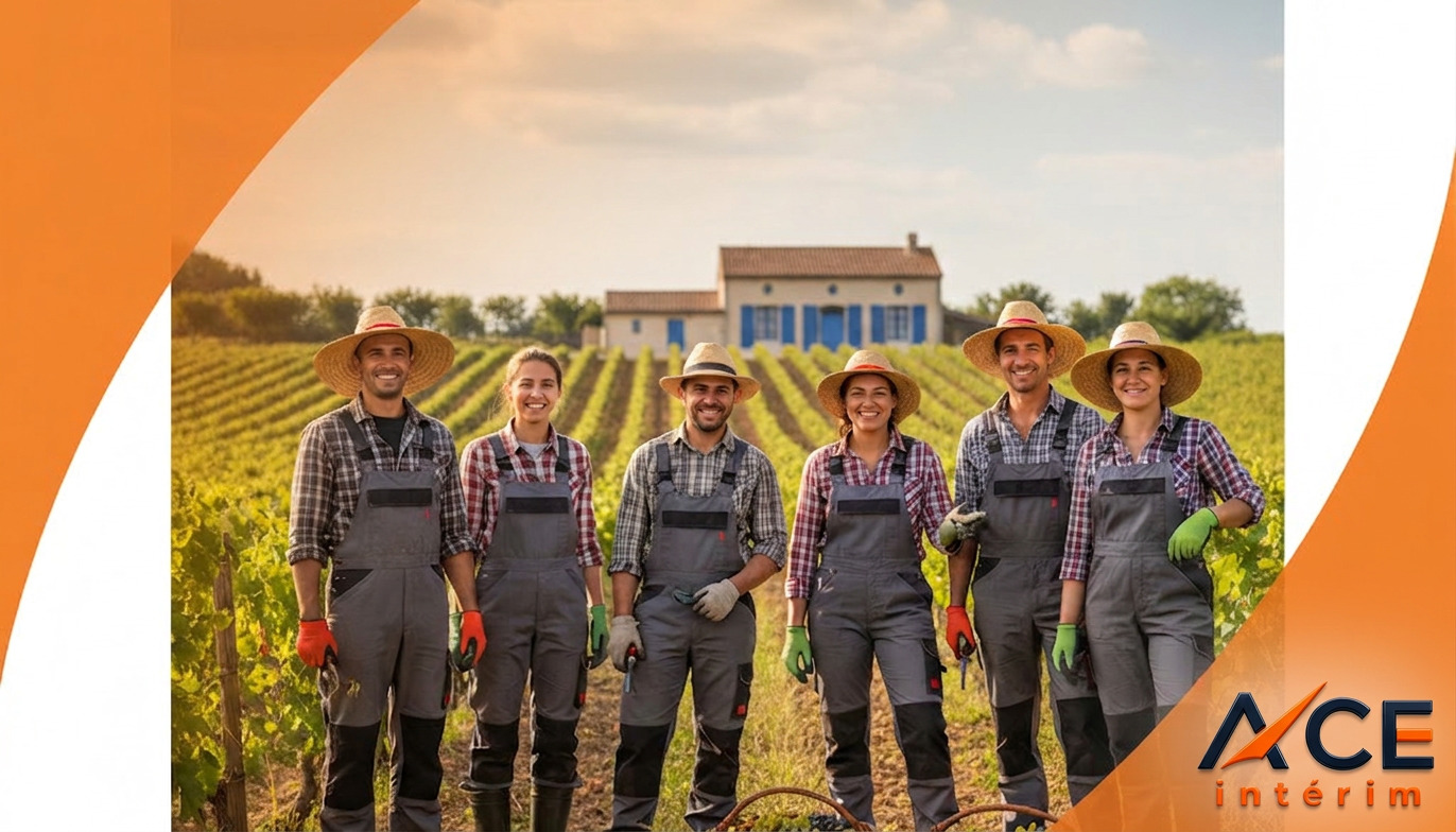 Travailleurs agricoles roumains souriants intégrés dans une exploitation.
