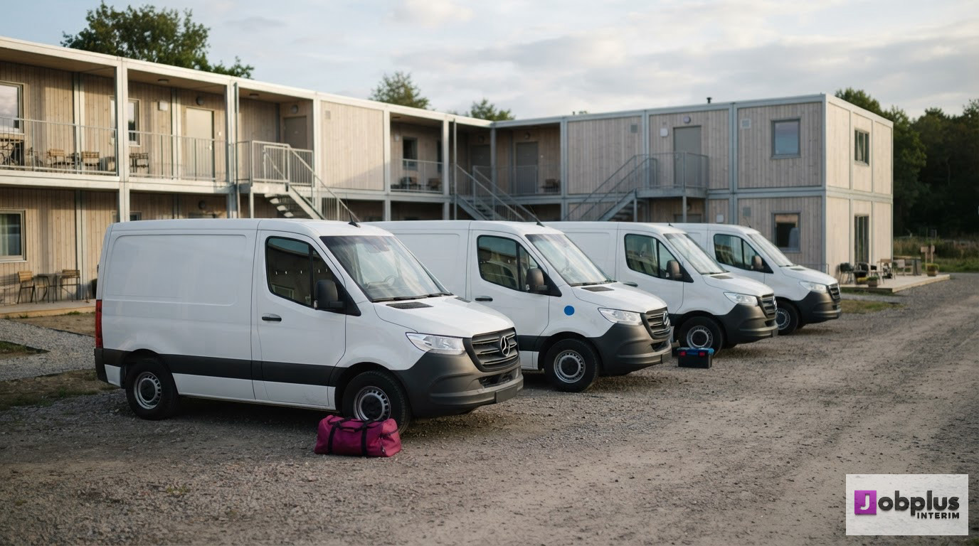 Une flotte de véhicules utilitaires devant un complexe d'hébergement pour travailleurs.