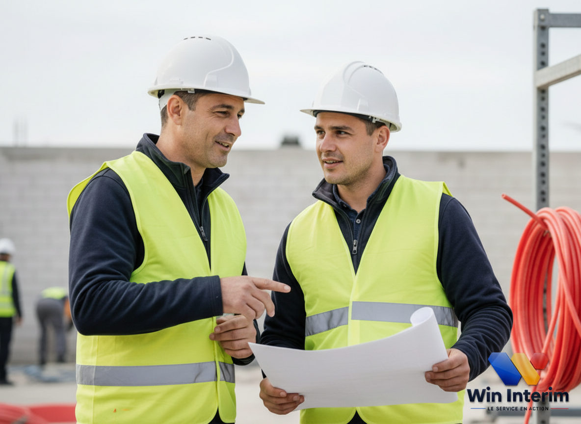 Chef de chantier discutant avec ouvrier qualifié.