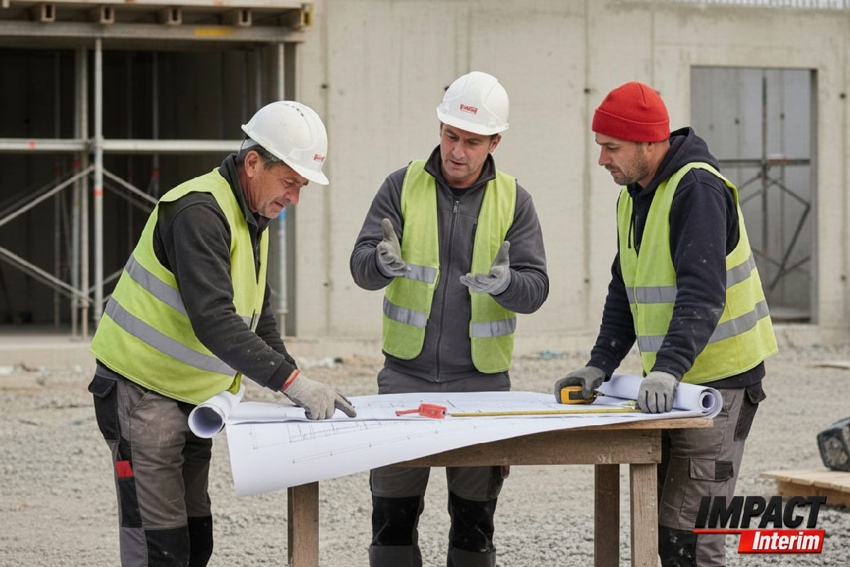 Maçons qualifiés discutant des plans de construction sur un chantier.