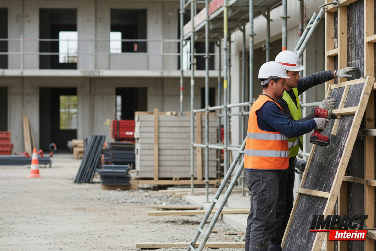 Maçons roumains coffreurs travaillant sur un chantier de logements collectifs.